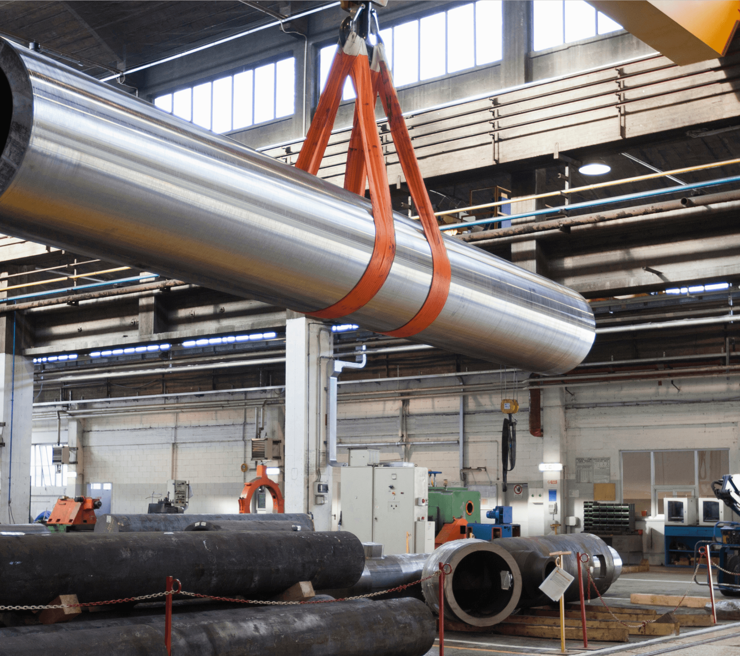 Large pipe suspended in the air.